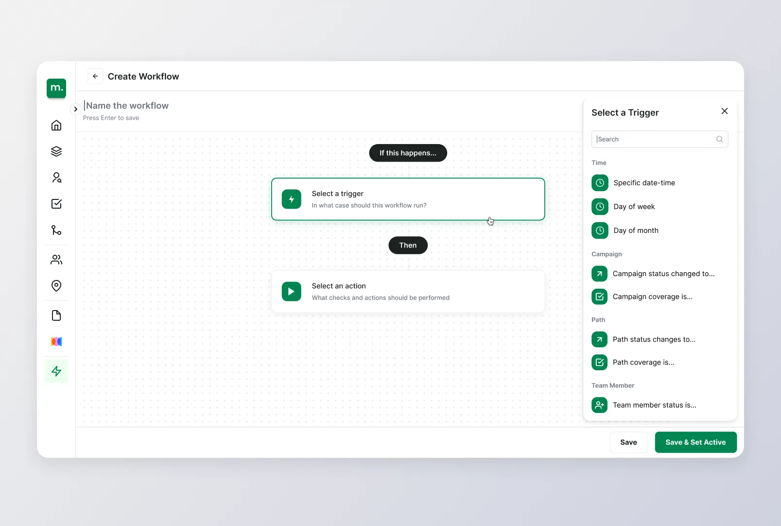 Workflow builder with a trigger picker