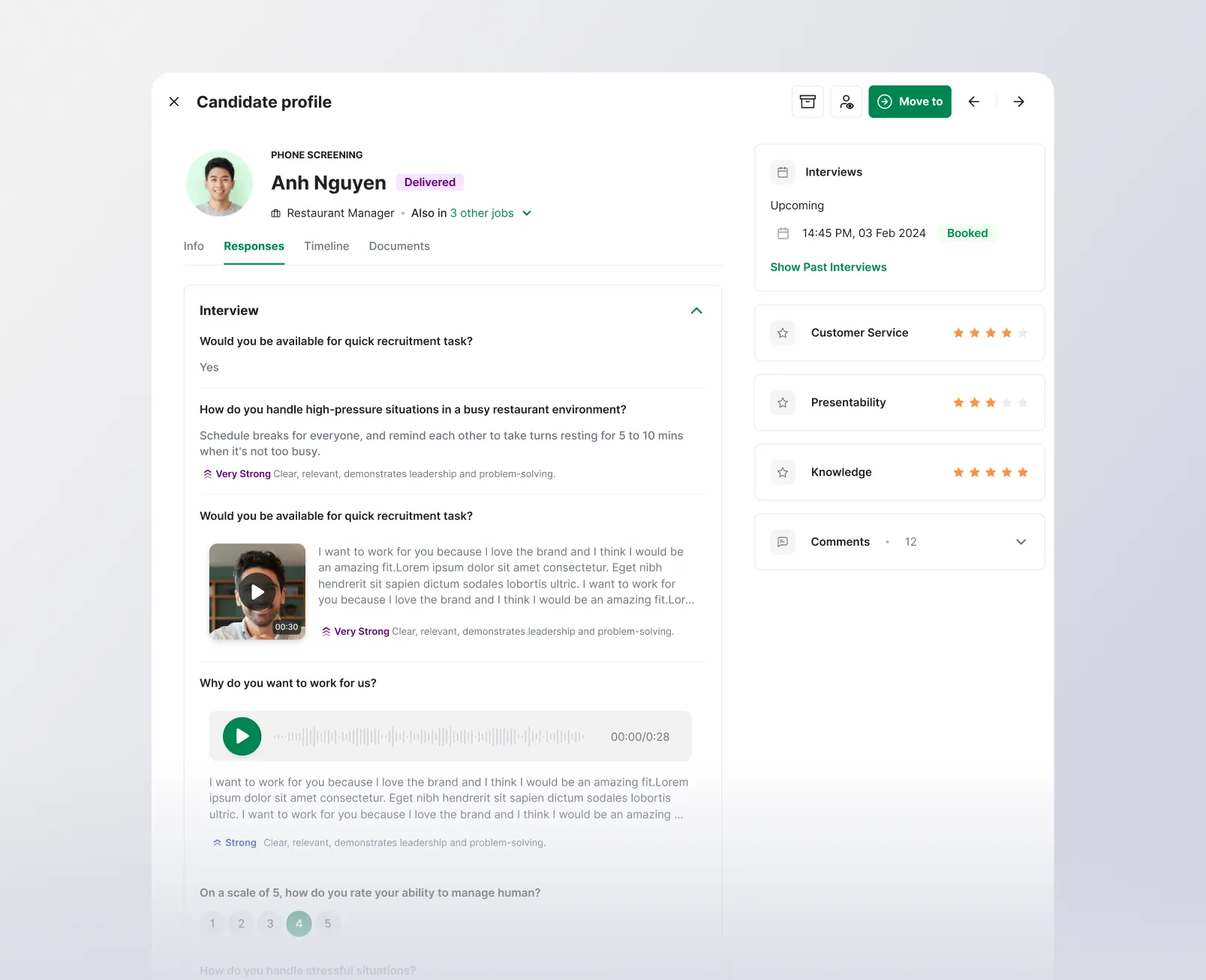 Candidate profile with phone screening answers, ratings and a booked interview