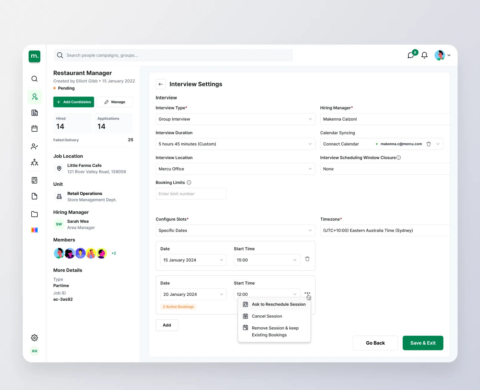 Interview settings for a group interview, with calendar syncing and a menu to reschedule a session