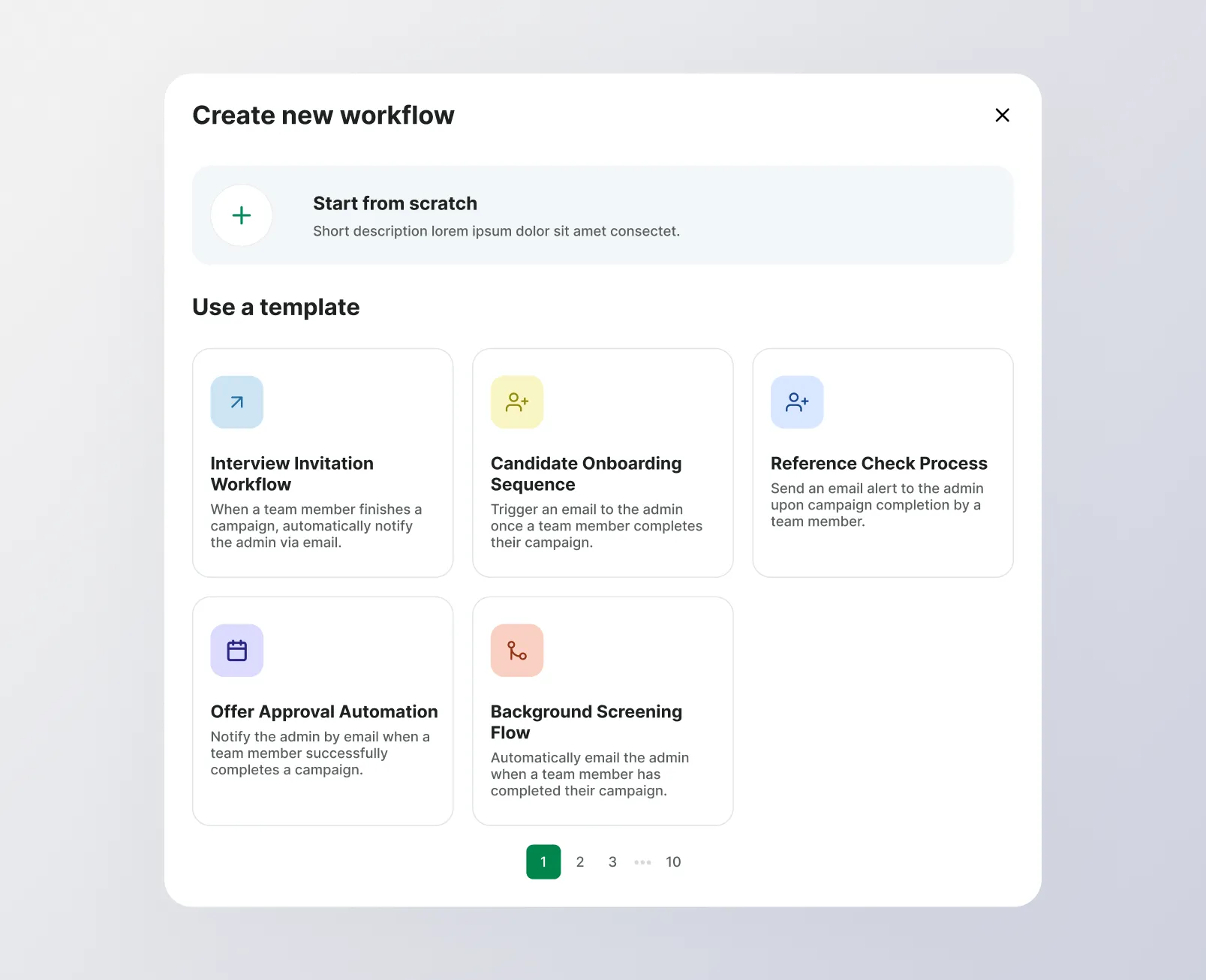 Create new workflow dialog with start-from-scratch and template cards