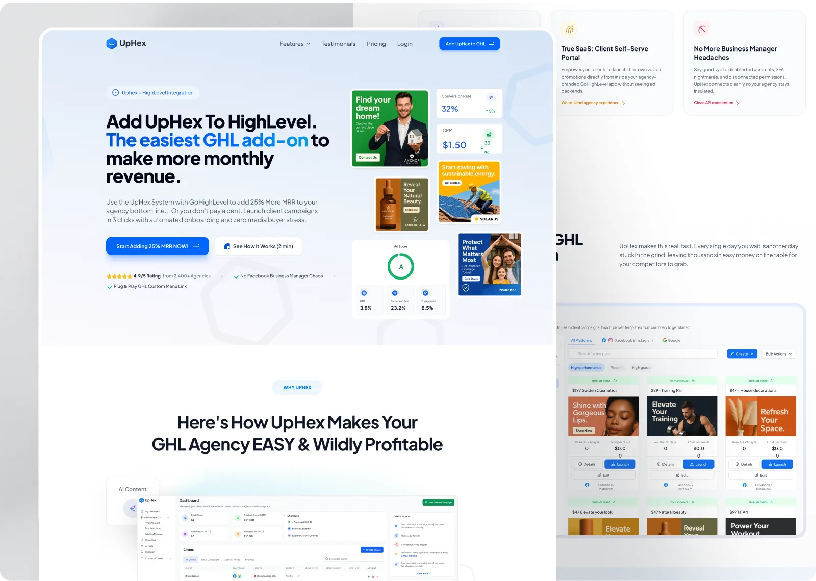 UpHex marketing website with a headline about adding UpHex to HighLevel, sample ads, an ad score and a template library