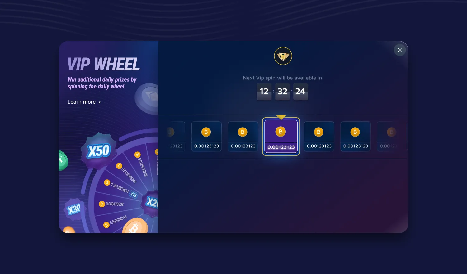 VIP Wheel with a countdown to the next daily spin and a row of prizes with the winning prize highlighted