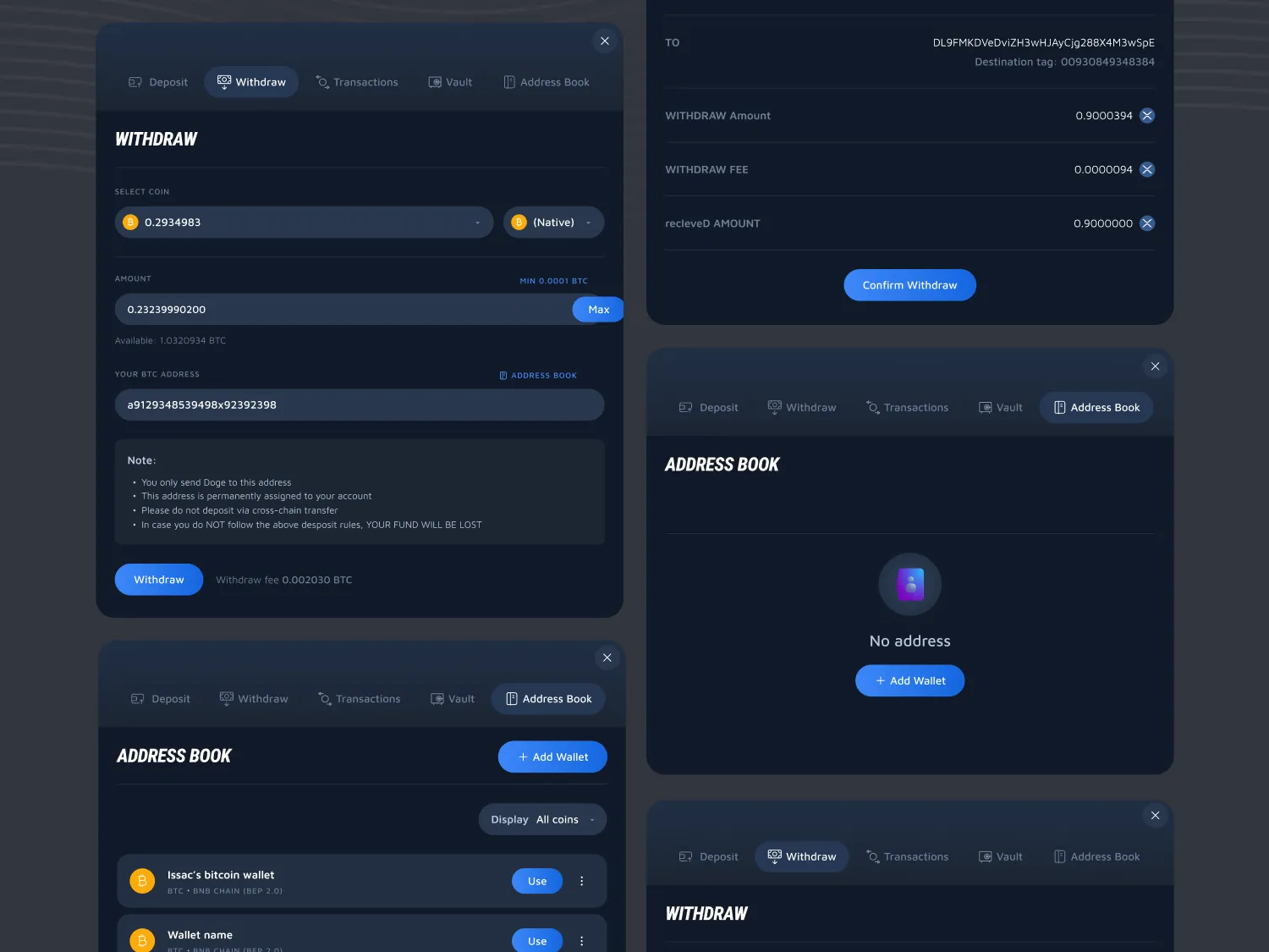 Withdraw form with amount, address and fee, a withdraw confirmation, and an address book with saved wallets